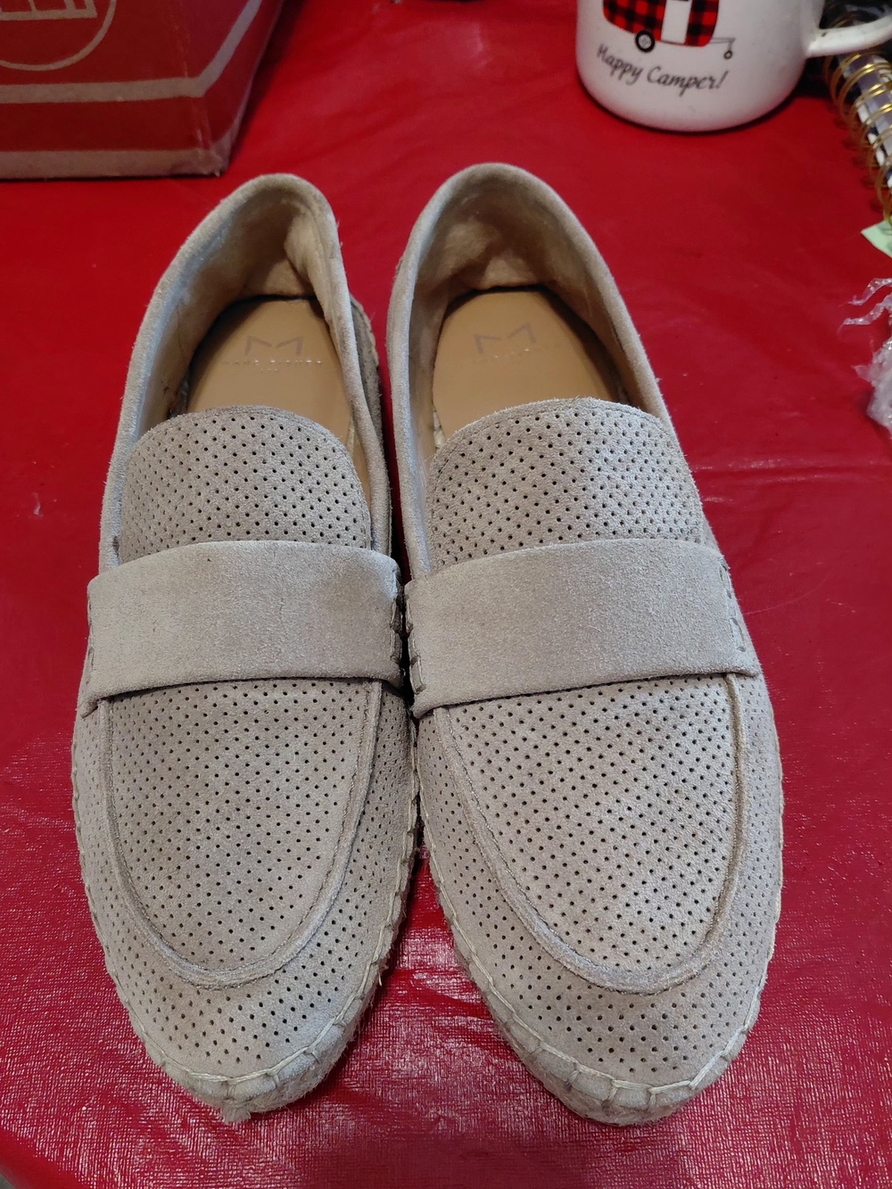Marc Fisher Perforated Suede Slip On Espadrille Loafers Taupe Size 9
